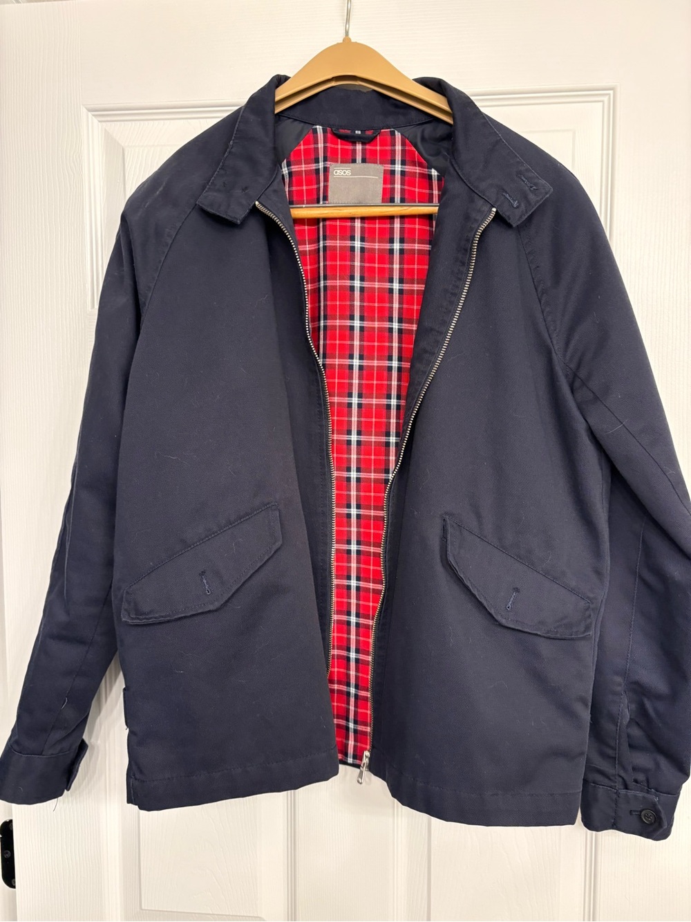 ASOS Navy Bomber Jacket with Red Tartan Lining